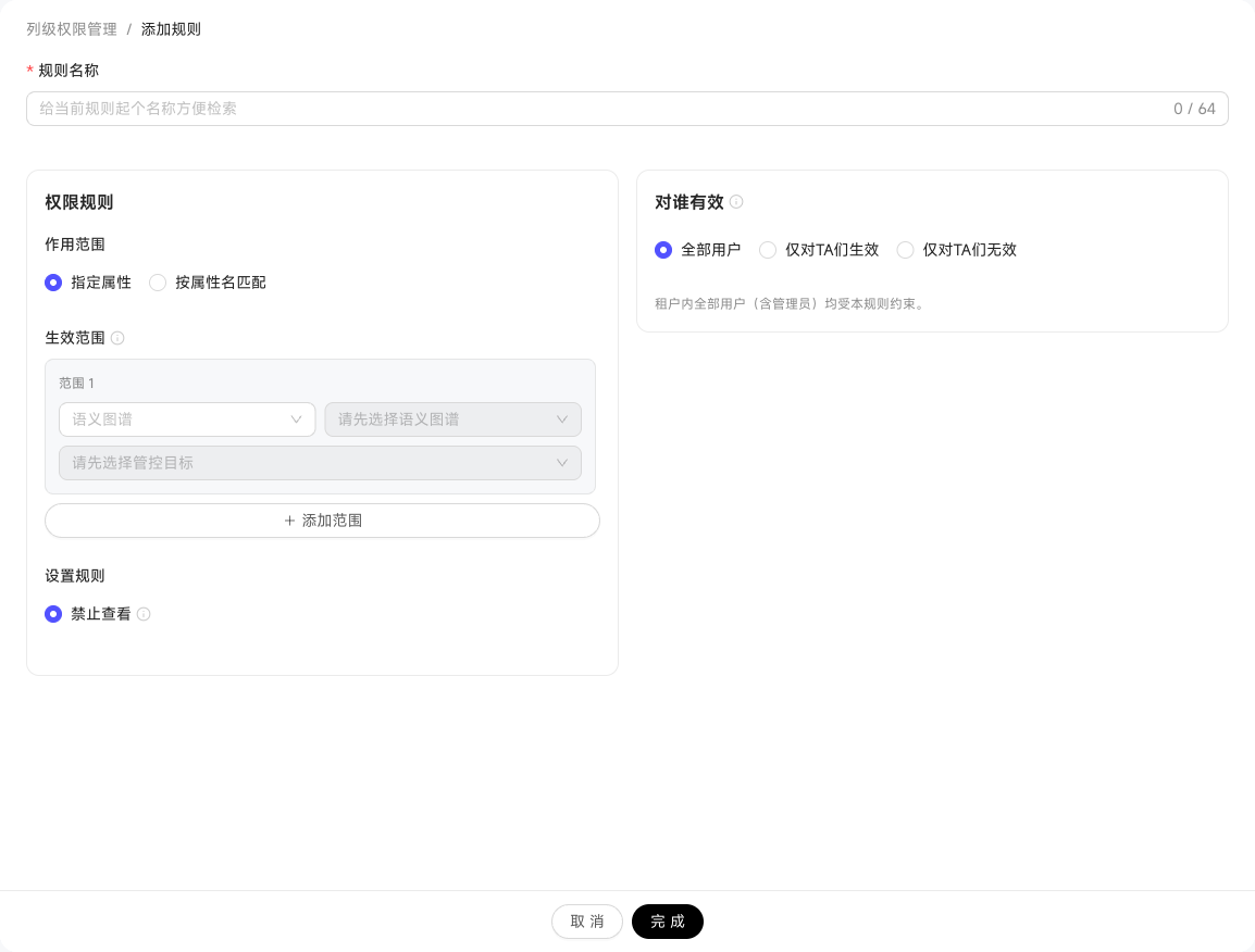 列级权限规则中的作用范围、禁止查看和生效对象配置