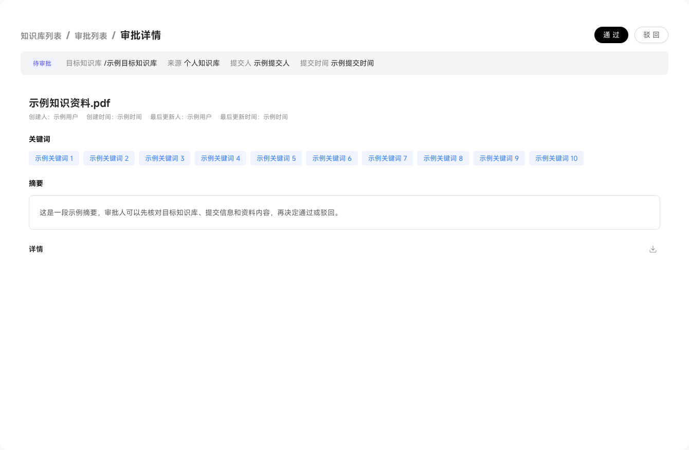 知识资料审批详情中的提交信息、资料摘要以及通过和驳回入口