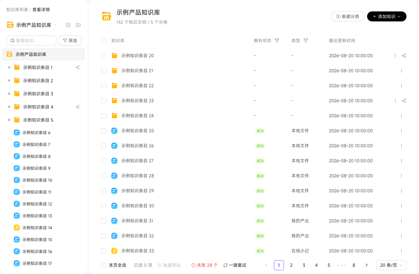 Knowledge Base category tree, parsing status, knowledge type, and latest update time